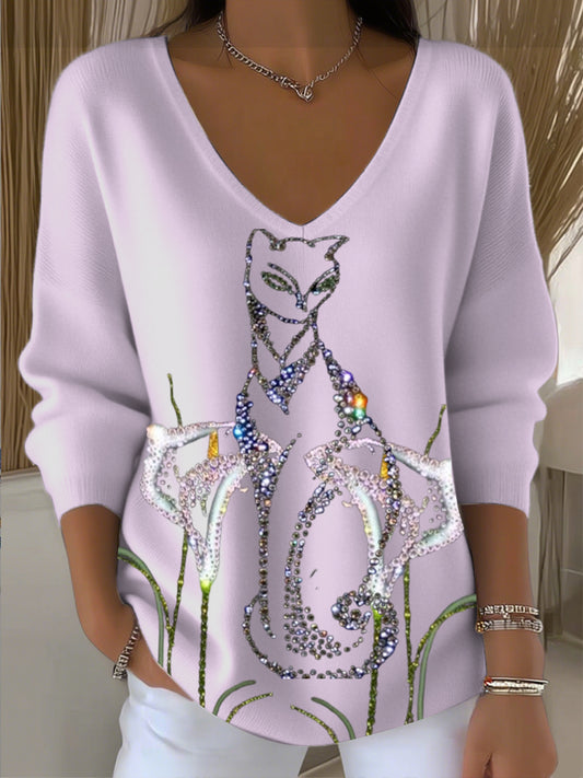 Pull Femme Diamant Chat Brodé Col V