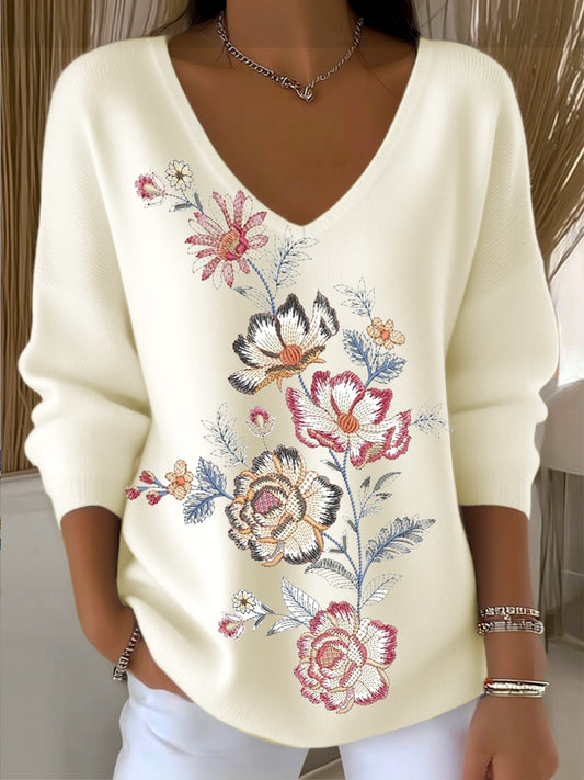 Pull Femme Broderie Pivoine Col V