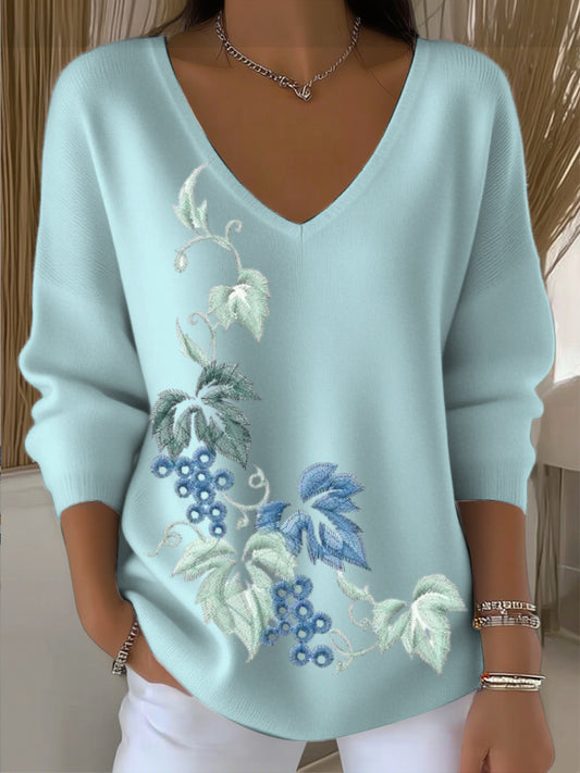 Pull col V brodé floral bleu lac femme