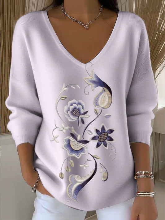 Pull à col en V à broderie florale violet clair pour femme