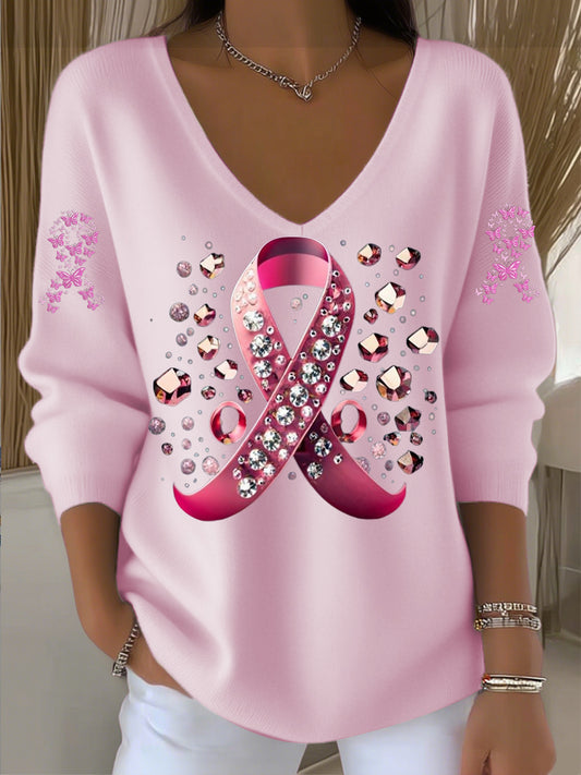Pull Femme Rose Cancer Du Sein Col V