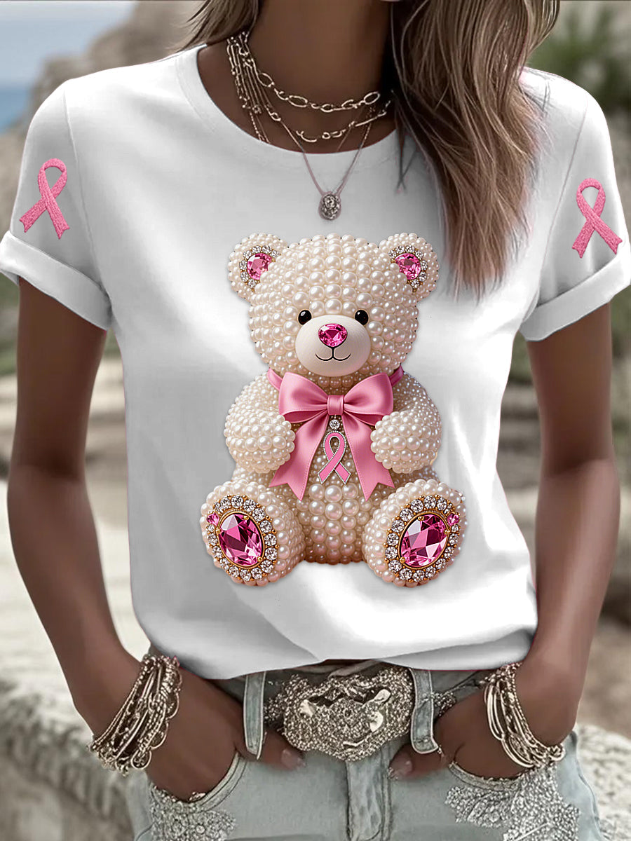 Retro Breast Cancer Pearl Bow Bear Imprimer T-shirt à manches courtes