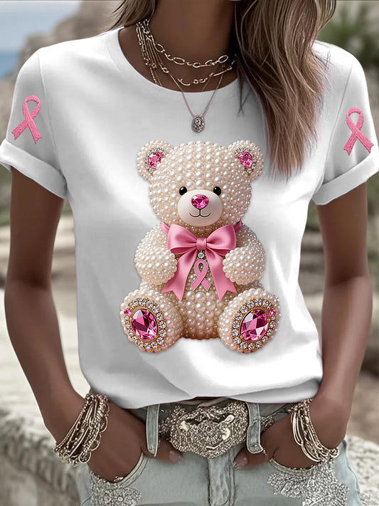 Retro Breast Cancer Pearl Bow Bear Imprimer T-shirt à manches courtes