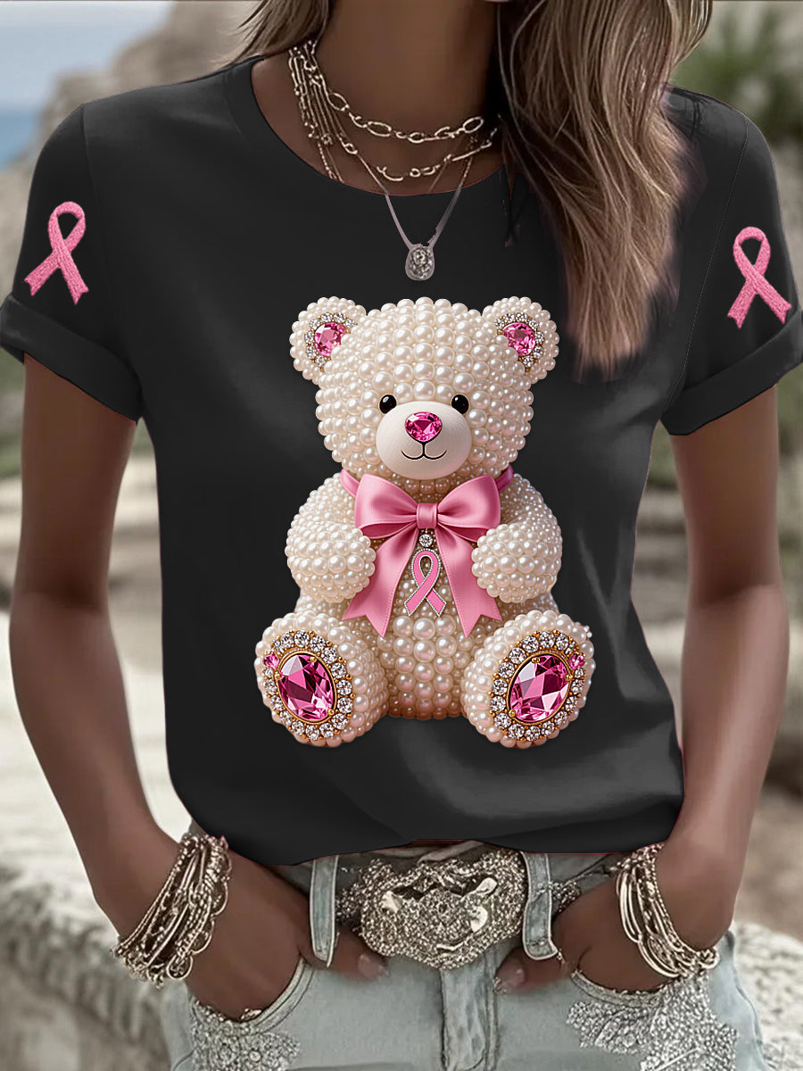 Retro Breast Cancer Pearl Bow Bear Imprimer T-shirt à manches courtes