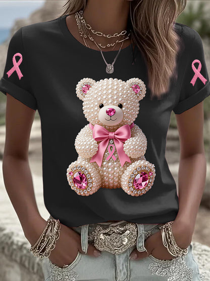 Retro Breast Cancer Pearl Bow Bear Imprimer T-shirt à manches courtes