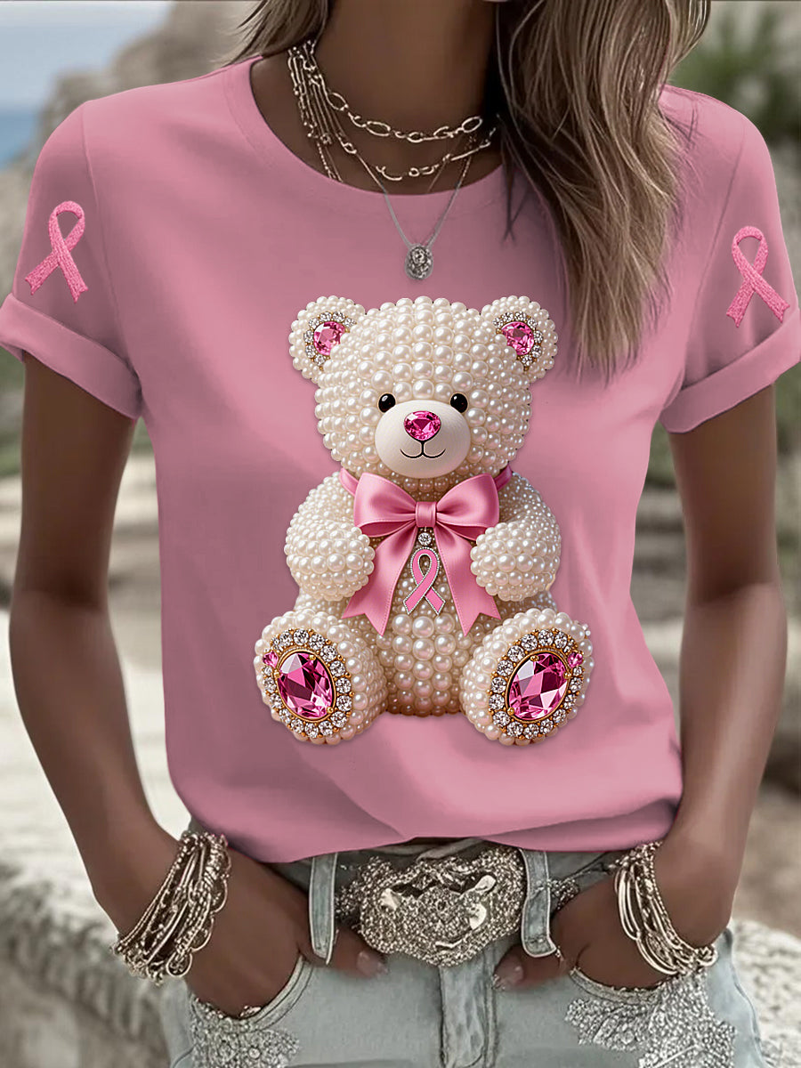 Retro Breast Cancer Pearl Bow Bear Imprimer T-shirt à manches courtes