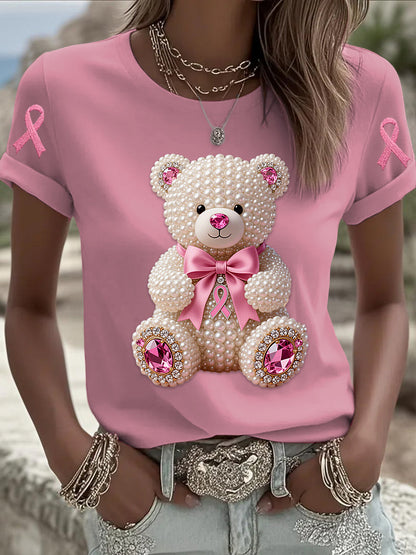 Retro Breast Cancer Pearl Bow Bear Imprimer T-shirt à manches courtes