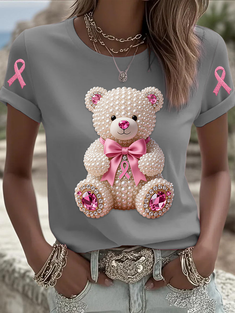 Retro Breast Cancer Pearl Bow Bear Imprimer T-shirt à manches courtes
