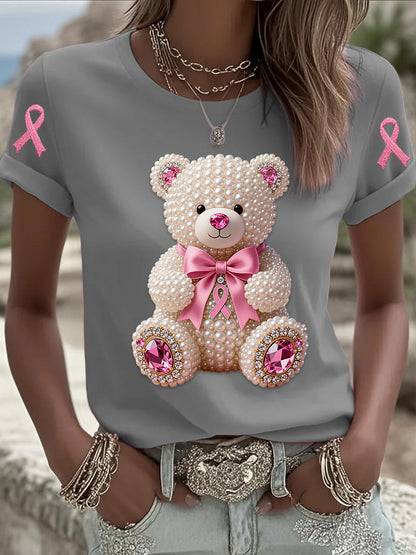 Retro Breast Cancer Pearl Bow Bear Imprimer T-shirt à manches courtes