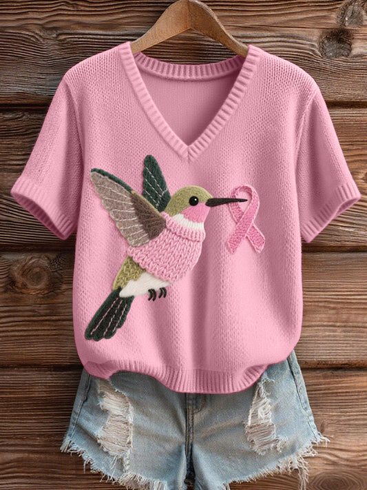 Top en tricot à col en V confortable à motif colibri pour femmes