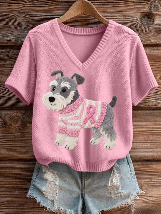 Top en tricot confortable à col en V pour femmes en feutre Art Schnauzer Pattern