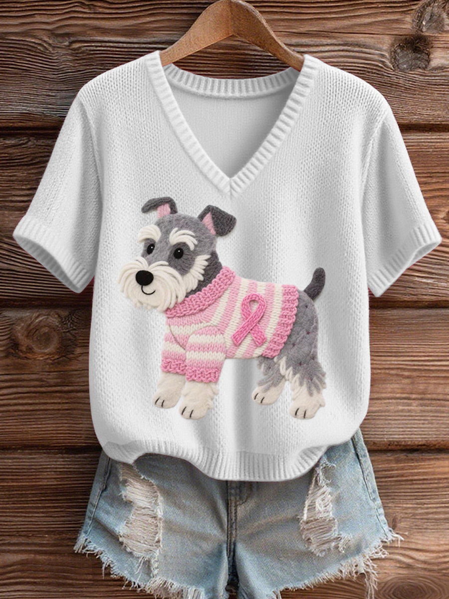 Top en tricot confortable à col en V pour femmes en feutre Art Schnauzer Pattern