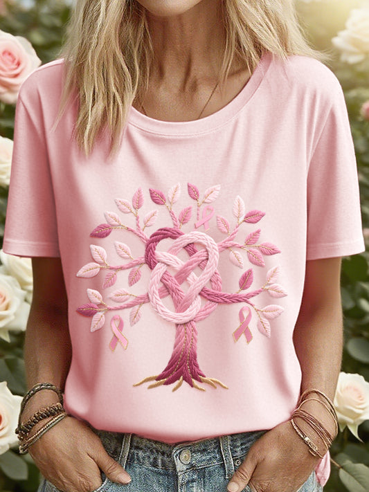 T-shirt brodé Arbre de vie rose pour femme