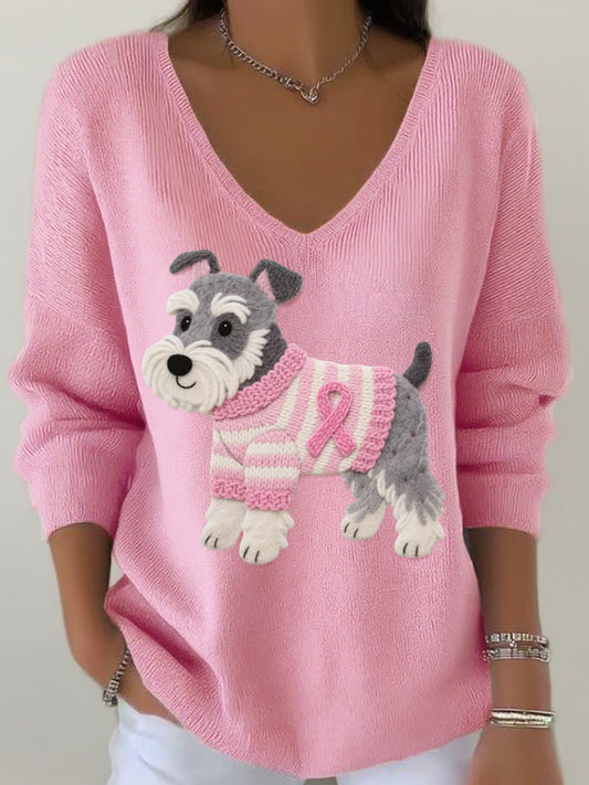 Femmes Feutre Art Schnauzer Motif V-Neck Haut côtelé