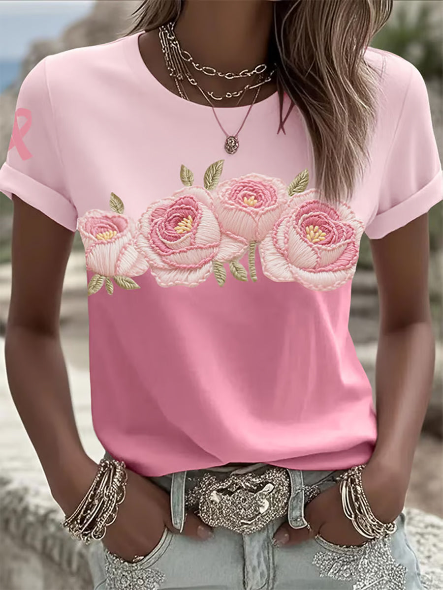 T-shirt décontracté confortable imprimé rétro rose pour femmes