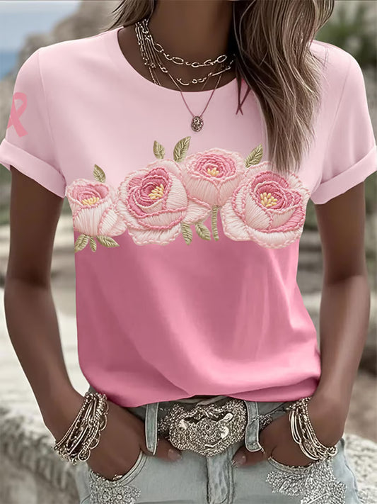 T-shirt décontracté confortable imprimé rétro rose pour femmes