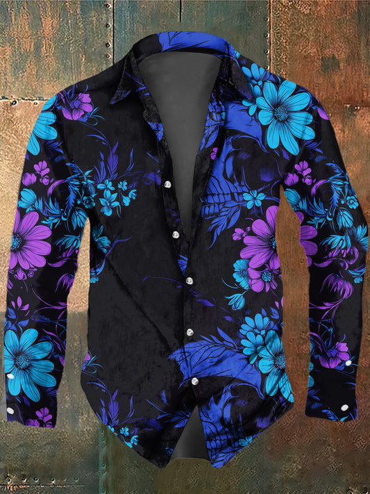 Retro Dark Style Everlasting Flower Print Vintage Shirt pour hommes