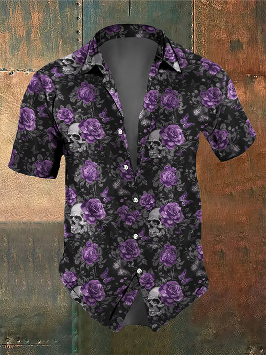Chemise Homme Style Rétro Foncé Crâne Rose Papillon Imprimé
