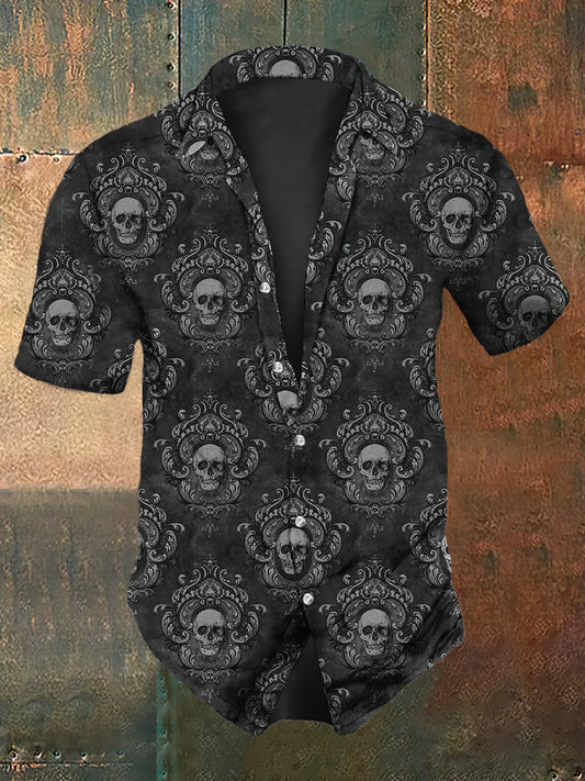 Chemise vintage décontractée à imprimé crâne rétro style foncé pour hommes