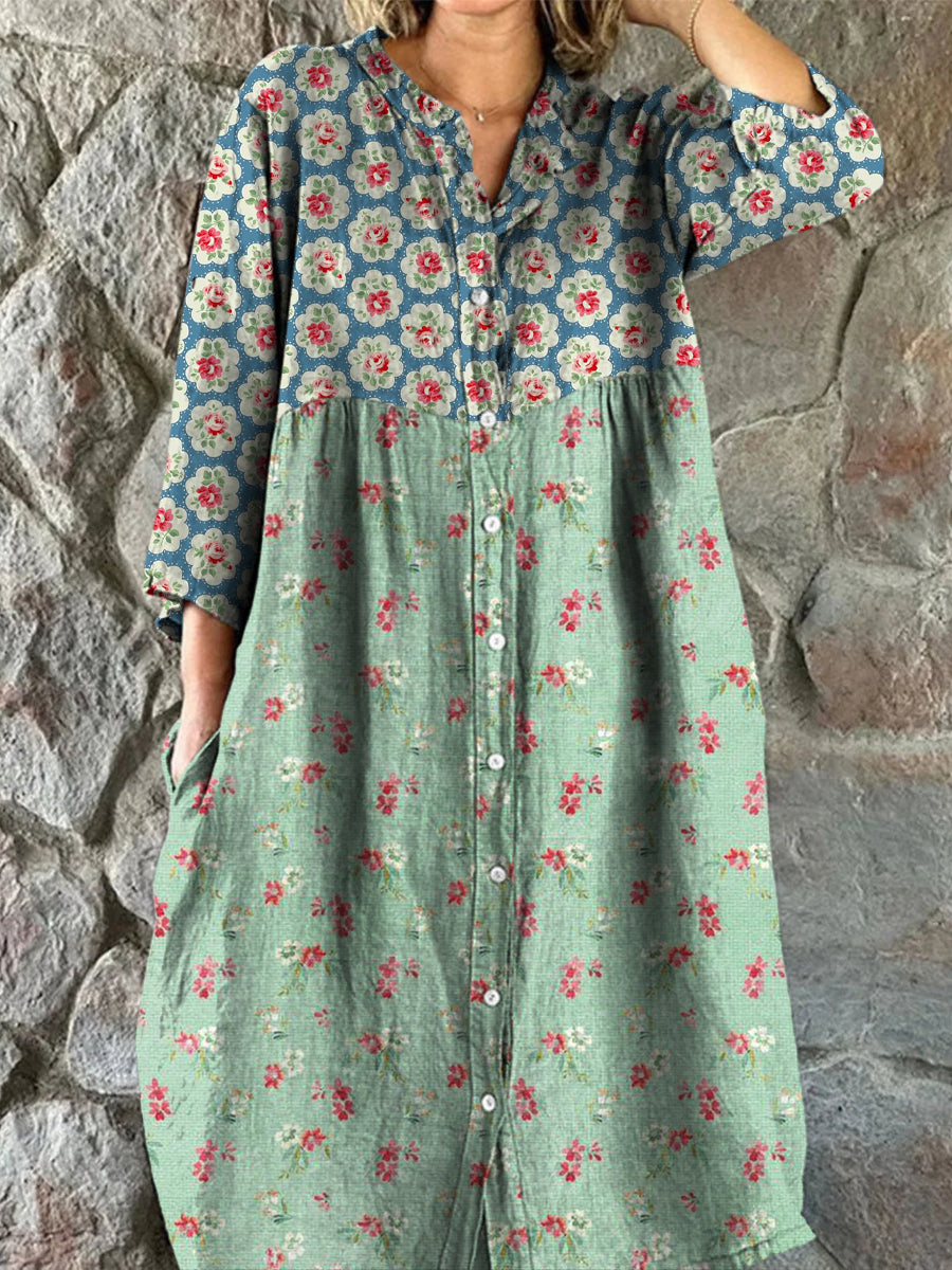 Rétro Floral Art Print Vintage Chic col en V boutonné à manches longues Midi Dress