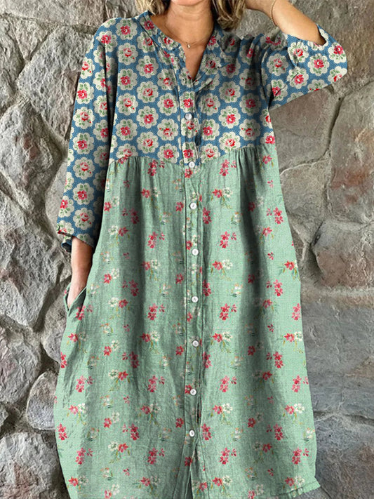 Rétro Floral Art Print Vintage Chic col en V boutonné à manches longues Midi Dress