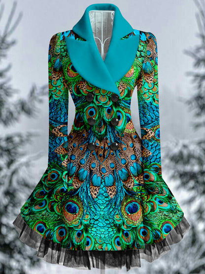 Rétro Floral Art Imprimé Élégant Col en V Boutonné Épais À Manches Longues Mesh Gaze Midi Robe
