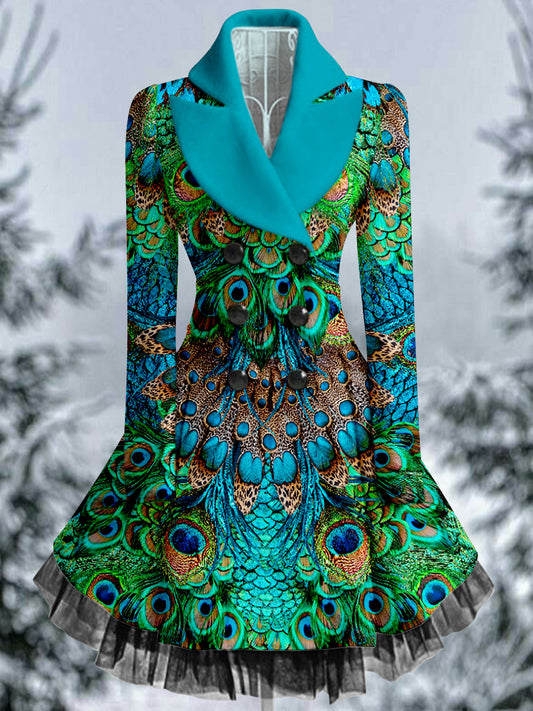 Rétro Floral Art Imprimé Élégant Col en V Boutonné Épais À Manches Longues Mesh Gaze Midi Robe