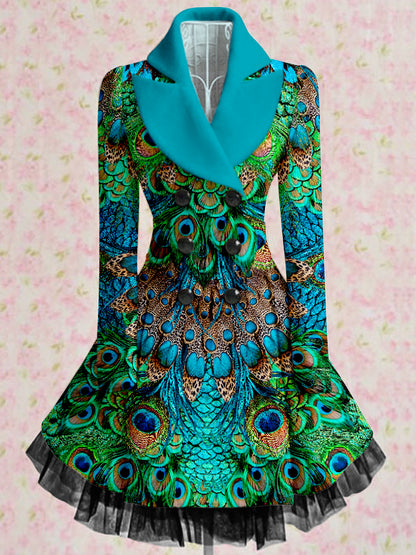 Rétro Floral Art Imprimé Élégant Col en V Boutonné Épais À Manches Longues Mesh Gaze Midi Robe