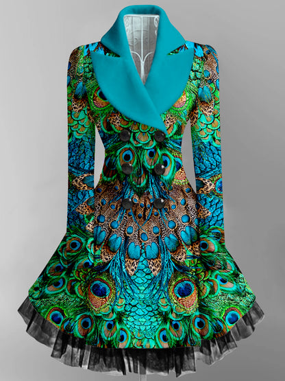 Rétro Floral Art Imprimé Élégant Col en V Boutonné Épais À Manches Longues Mesh Gaze Midi Robe