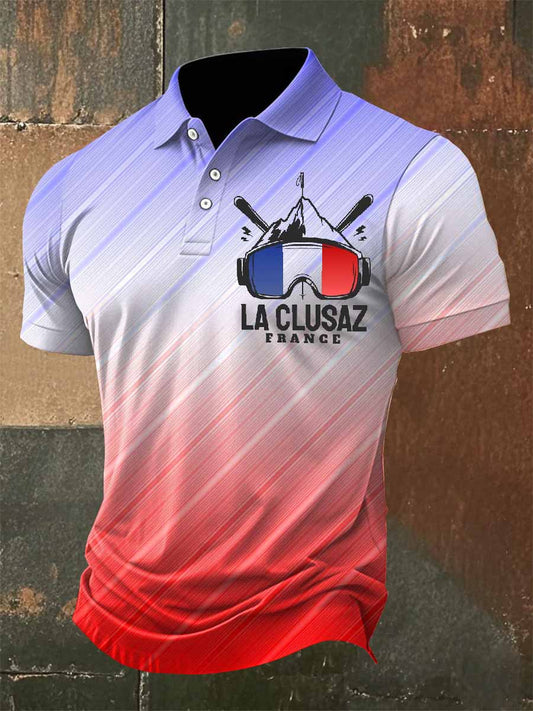 Polo Décontracté À Imprimé Ski Français Rétro Pour Homme