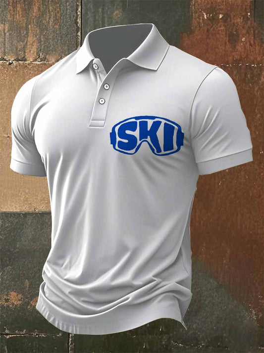 Polo Décontracté À Imprimé Ski Français Rétro Pour Homme