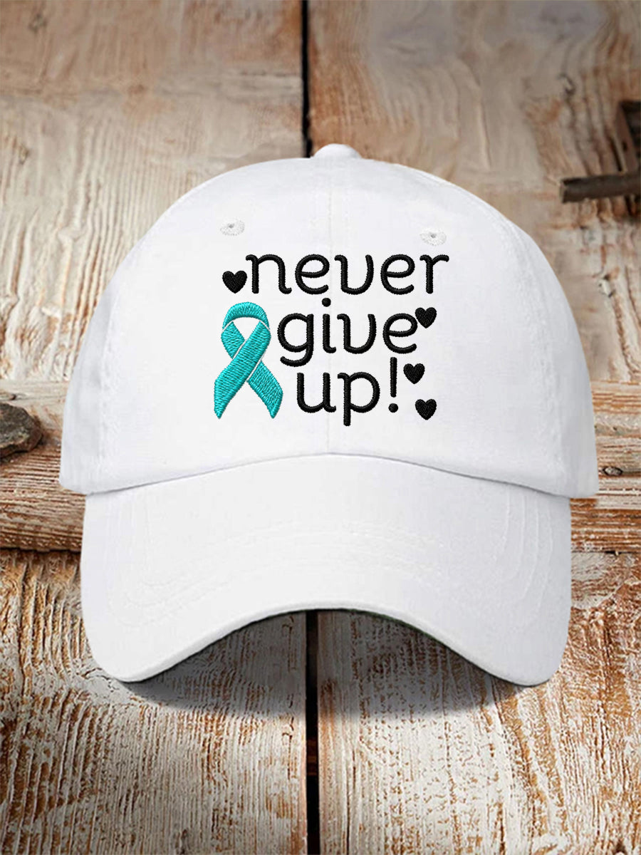 Unisexe N'abandonnez jamais! Chapeau de sensibilisation au cancer de l'ovaire ruban sarcelle