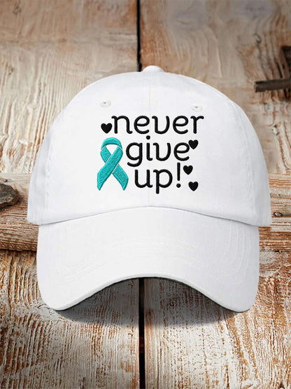 Unisexe N'abandonnez jamais! Chapeau de sensibilisation au cancer de l'ovaire ruban sarcelle