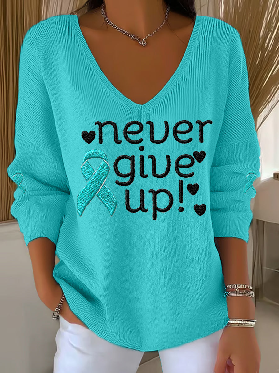 Ruban Teal pour femmes ne jamais abandonner! Haut à manches longues Ovarian Cancer Awareness