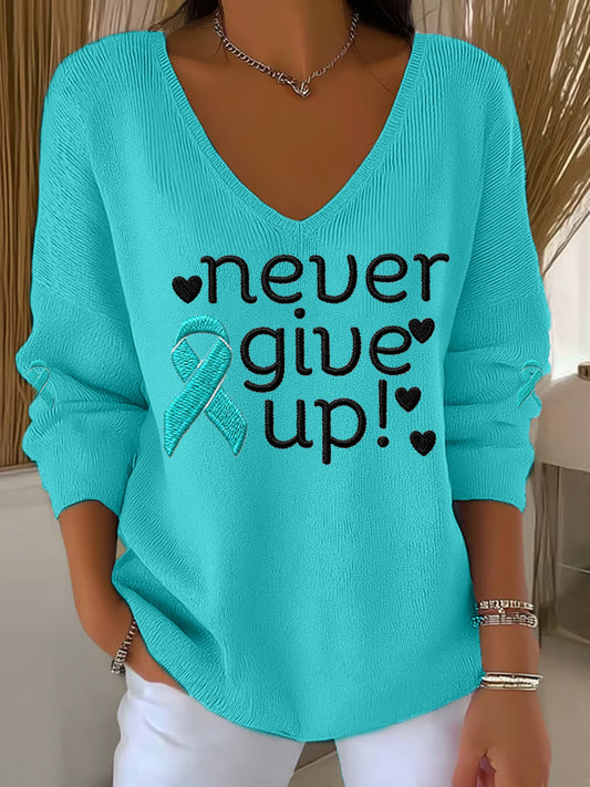 Ruban Teal pour femmes ne jamais abandonner! Haut à manches longues Ovarian Cancer Awareness