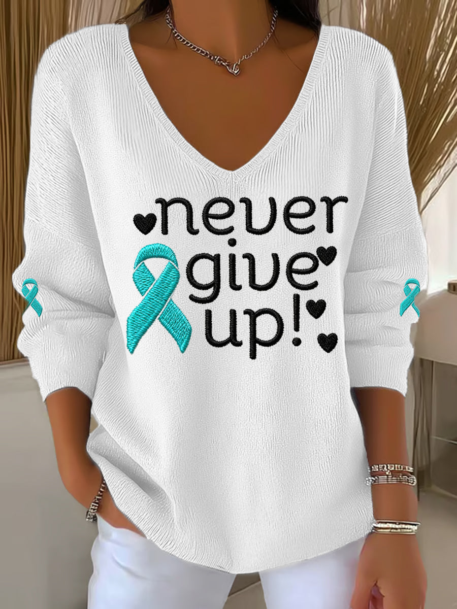 Ruban Teal pour femmes ne jamais abandonner! Haut à manches longues Ovarian Cancer Awareness