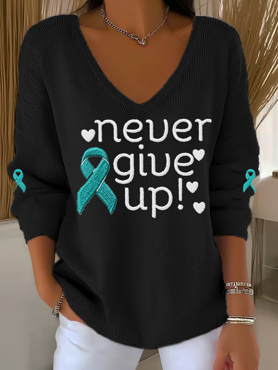 Ruban Teal pour femmes ne jamais abandonner! Haut à manches longues Ovarian Cancer Awareness