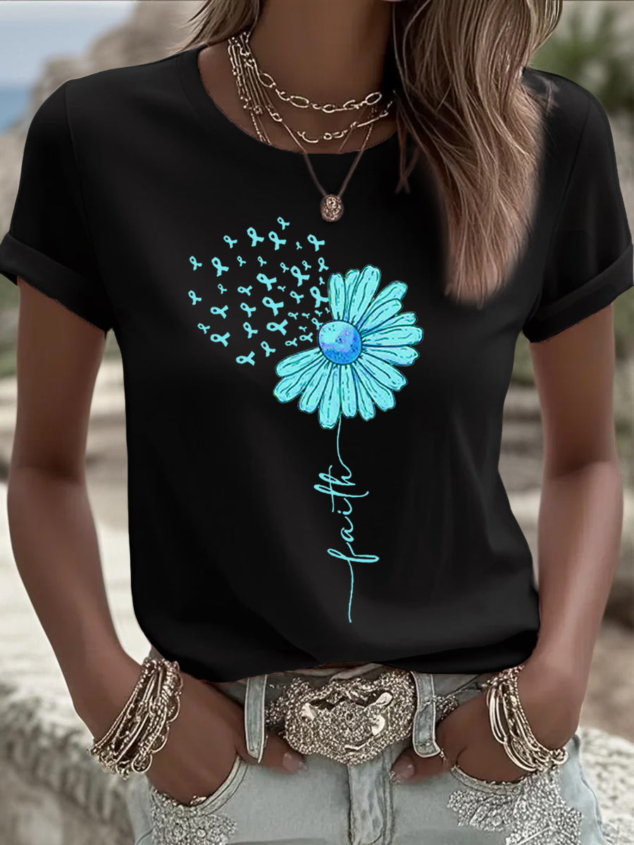 Teal ruban tournesol impression cancer de l'ovaire de sensibilisation des femmes Tee