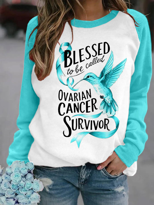 Teal Ruban Hummingbird Imprimer Cancer de l'ovaire Sensibilisation Sweatshirt des femmes