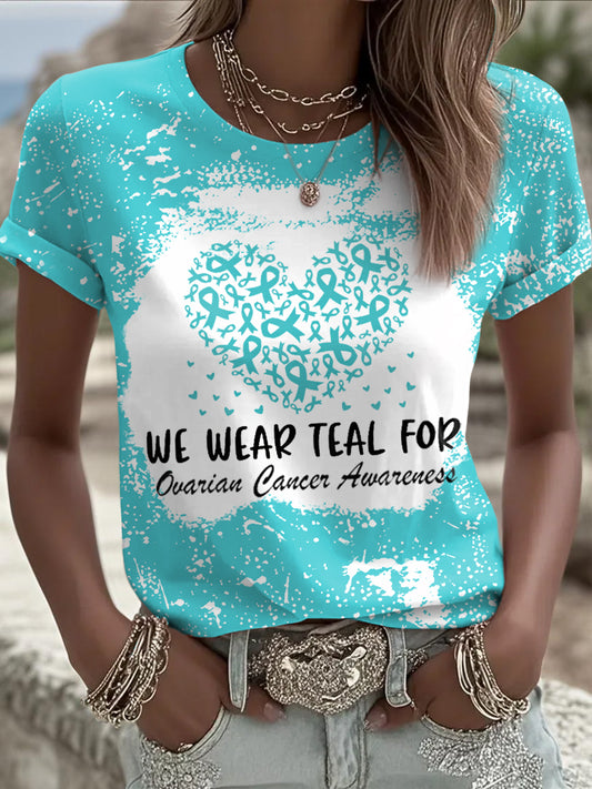 Femmes nous portons Teal pour la sensibilisation au cancer de l'ovaire Teal ruban amour coeur impression Tee