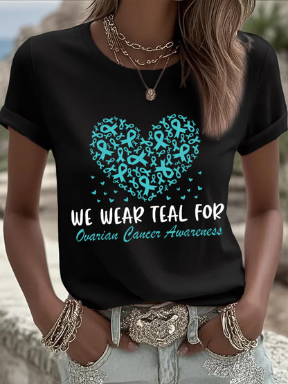 Femmes nous portons Teal pour la sensibilisation au cancer de l'ovaire Teal ruban amour coeur impression Tee