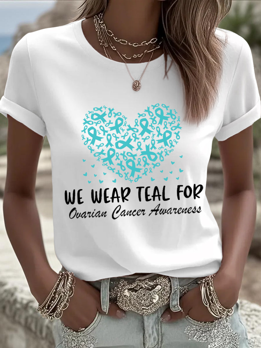 Femmes nous portons Teal pour la sensibilisation au cancer de l'ovaire Teal ruban amour coeur impression Tee