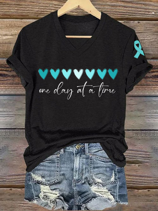 Un jour à la fois Teal ruban de sensibilisation cervicale de l'ovaire soutien V-Neck Tee