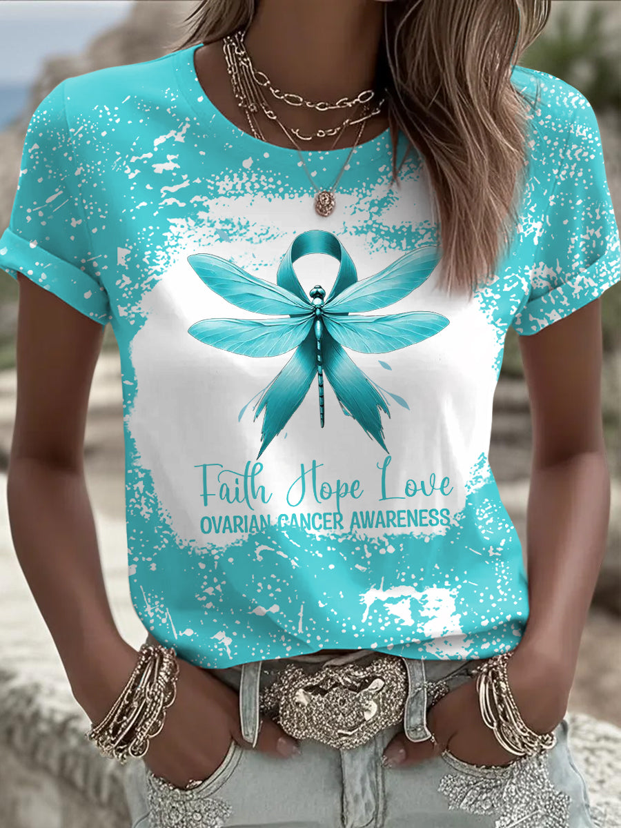 Femmes foi espoir amour sarcelle ruban libellule impression cancer de l'ovaire sensibilisation Tee