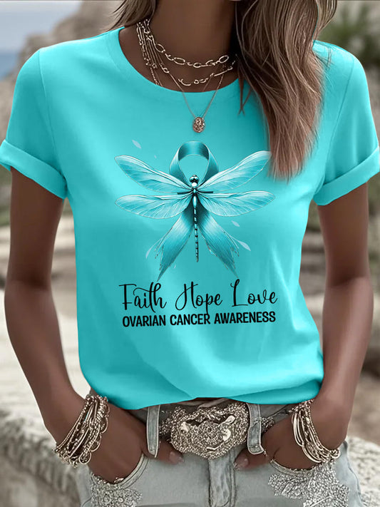 Femmes foi espoir amour sarcelle ruban libellule impression cancer de l'ovaire sensibilisation Tee