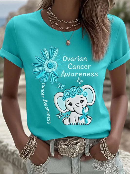 Tournesol Teal ruban éléphant impression de sensibilisation au cancer de l'ovaire des femmes Tee