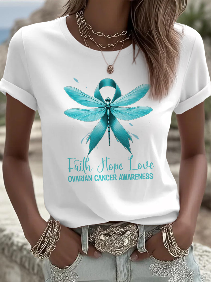 Femmes foi espoir amour sarcelle ruban libellule impression cancer de l'ovaire sensibilisation Tee