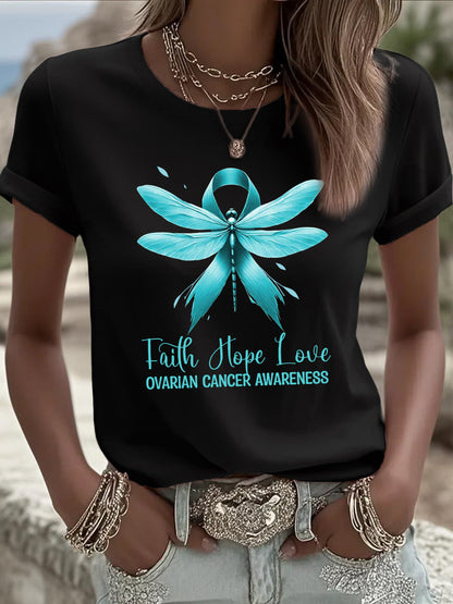 Femmes foi espoir amour sarcelle ruban libellule impression cancer de l'ovaire sensibilisation Tee