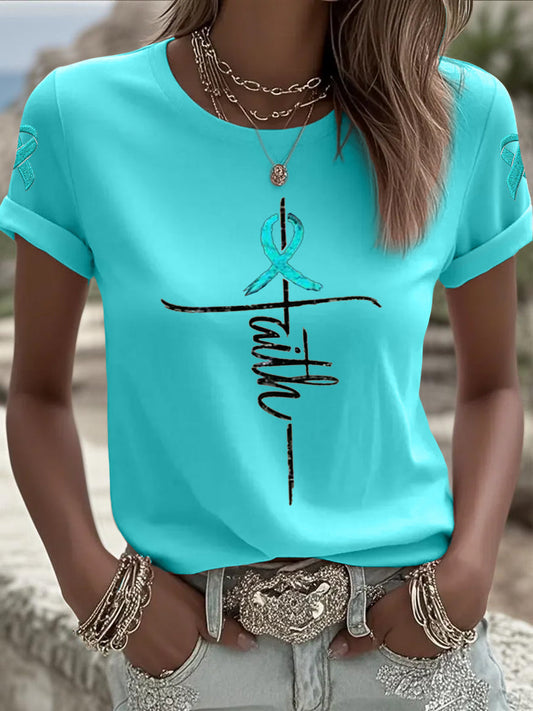 Tee-shirt de sensibilisation au cancer de l'ovaire Croix foi ruban sarcelle des femmes