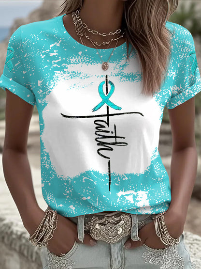 Tee-shirt de sensibilisation au cancer de l'ovaire Croix foi ruban sarcelle des femmes